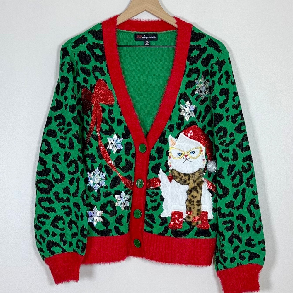 33 Degrees Womens Christmas Cat Cardigan Sweater M Green Leopard Sequin Holiday